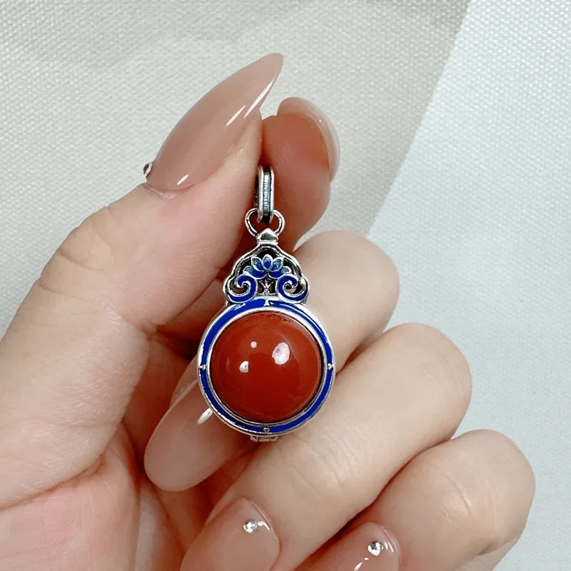 *Langyan Anhänger aus 925er-Sterlingsilber, südroter Achat, Kürbisform, ethnischer Vintage-Stil, Emaille-Anhänger, Schmuck für Frauen, kann ausgeben werden