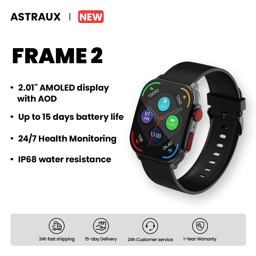 

ASTRAUX Frame 2 Smart Watch 2.01” AMOLED Display Built-in Bluetooth Phone Calls Sports for Men Extended 15-Day Battery Life