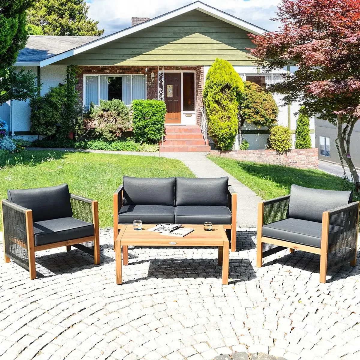 Outdoor Wood Furniture Set, Acacia Frame Loveseat Sofa, 2 Single Chairs and Coffee Table