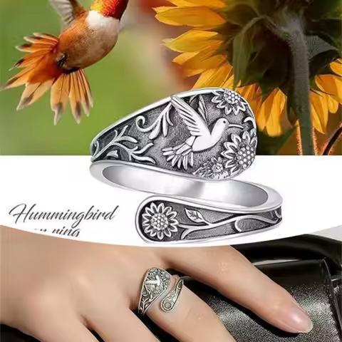 Vintage Bohemian Women's Spoon Ring, Engraved Sunflower and Hummingbird Pattern, Antique Silver Elegant Ethnic Jewelry