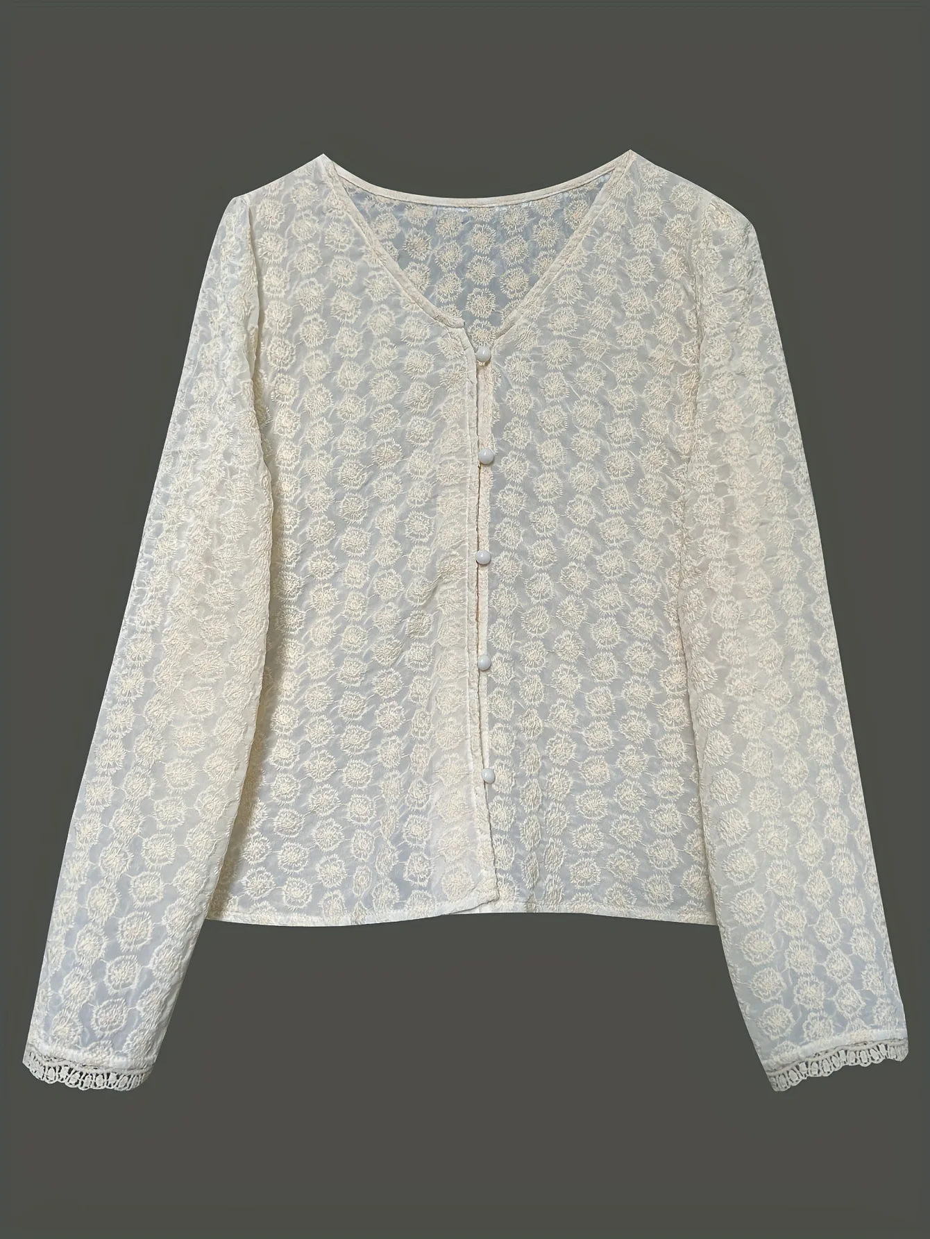 Lente en herfst nieuwe mode damesvest enkele rij knopen mesh lange mouw kanten shirt elegante slanke korte v-hals blouse