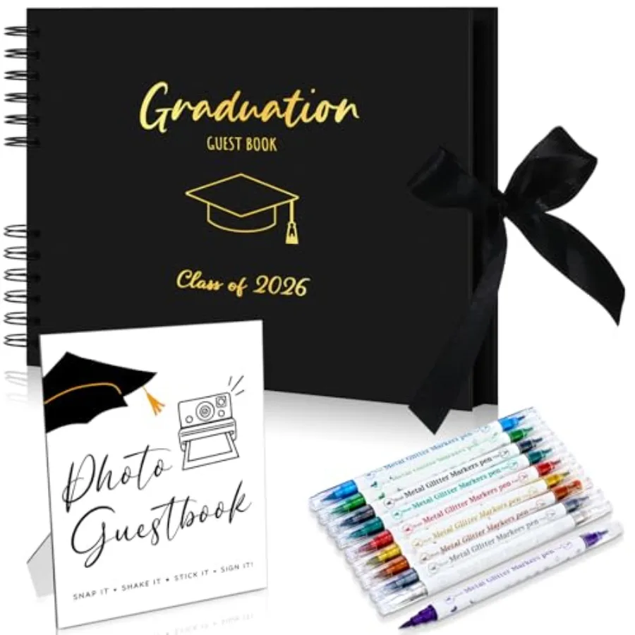 

Набор из 12 фотоальбомов-книг для гостей на выпускной 2026 года, 80 страниц, с декоративными элементами и 10 металлическими маркерами с двойным наконечником для самостоятельного оформления