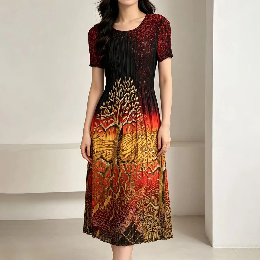 

Life Tree Art Pleated Dress for Women, New Summer Middle-aged Mom Outfit, , Flatters and Slimming