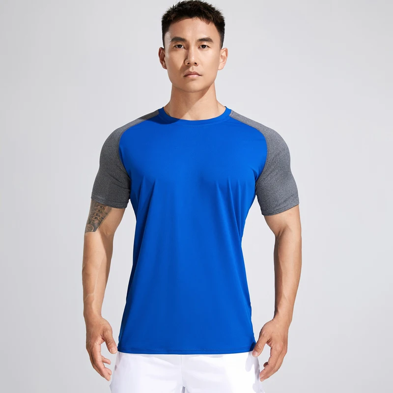 

Summer New Raglan Sleeve Color Block Men's T-shirt Round Neck Elastic Short sleeved T-shirt Top Casual Exercise Sportswear