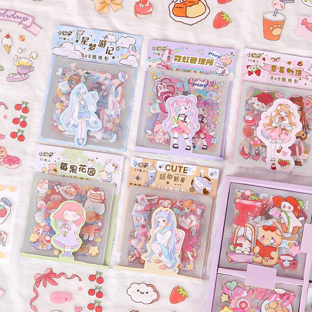 Cute Cartoon Handbook Stickers Pack, Ins Material, Papelaria, Planejador, 20pcs