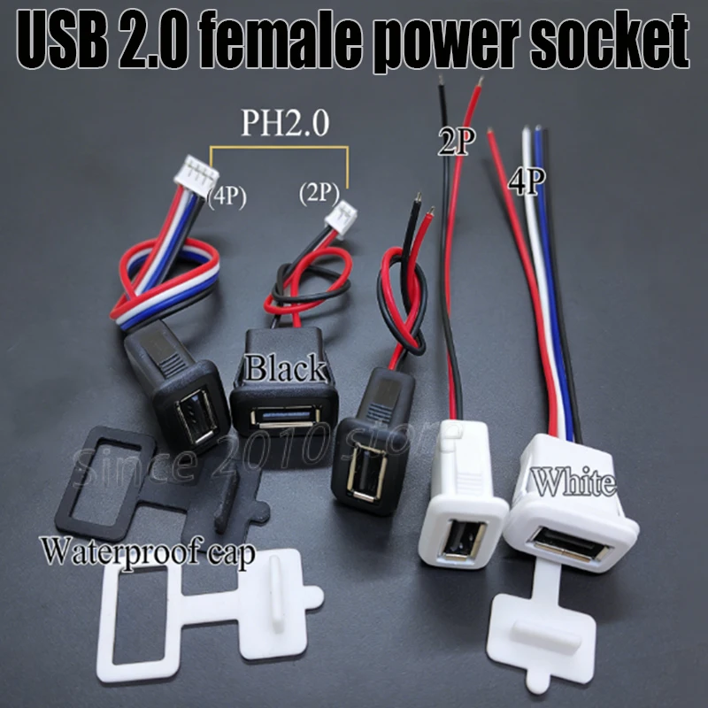 

Cltgxdd USB 2.0 Female Power Socket 2/4Pin Snap On Wire Type Waterproof Power Socket With PH2.0 Cable Terminals (10cm/15cm)