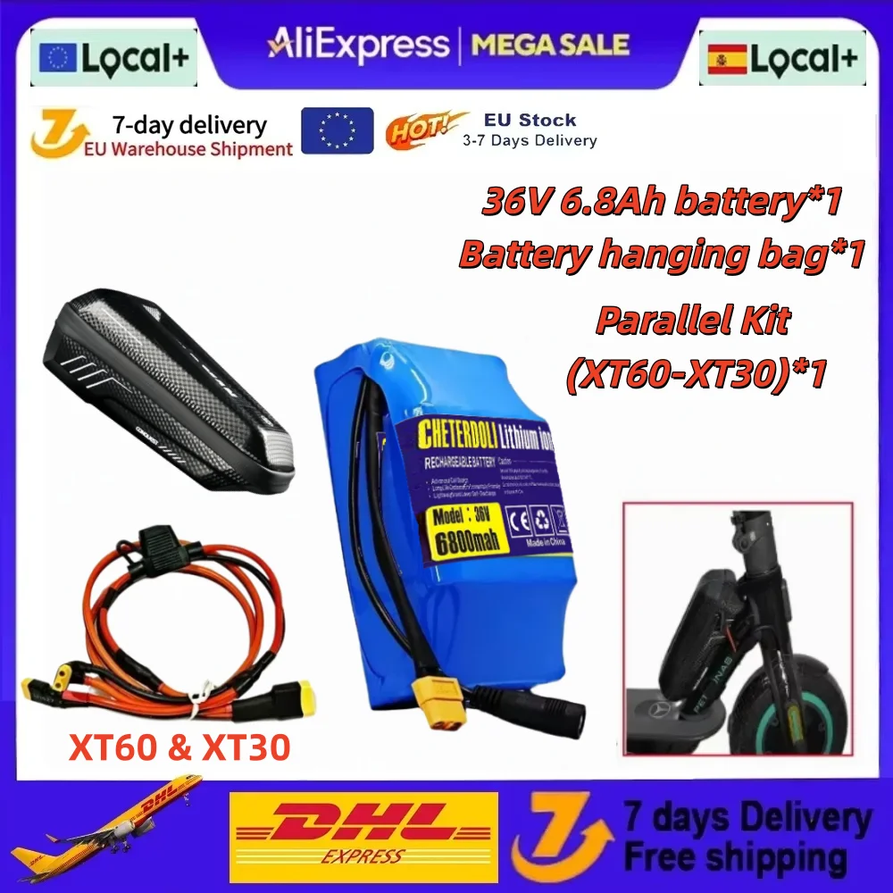 36V 6,8Ah Elektroroller Parallel-Erweiterungsbatterie für Xiaomi M365 1S Pro Mi3 Ninebot Max G30, Reichweitenverlängerungsbatterie mit Tragbarer Batterietasche