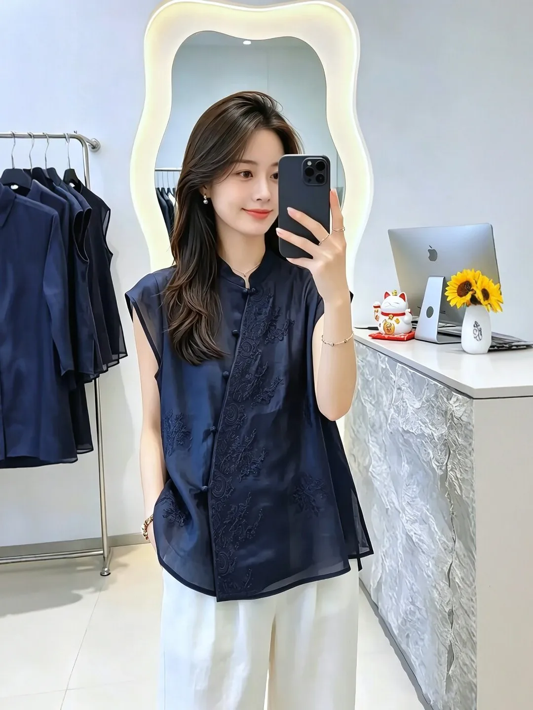 Elegant Chinese Style Embroidered Shirt Women's Stand Collar Button up Inner Wear Top Fashionable Large Size Summer Blouse