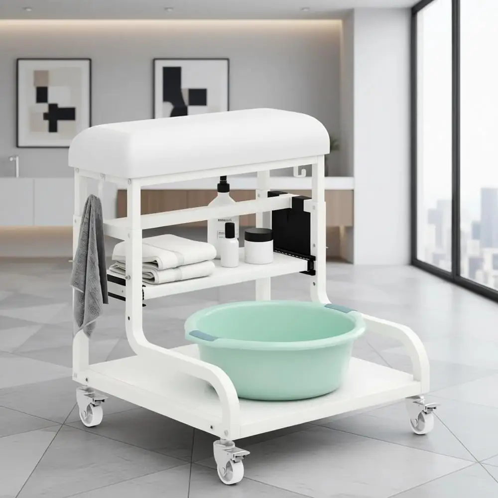 

3-Level Adjustable Pedicure Rest with PU Cushion, Storage, Locking Wheels, Mobile Cart for Foot Spa (White)