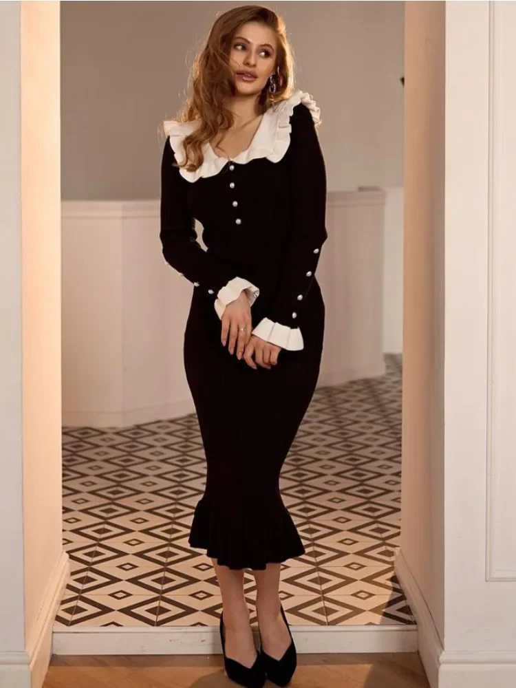 BWQ Ruffled Patchwork Knit Maxi Dress For Women Elegant Ribbed Long Sleeve Party Dress Gown Slim Knitwear Fashion Long Dress
