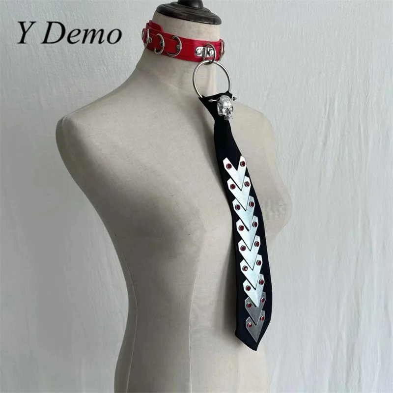 Y Demo Punk Metal Triangle Rivets Women Neck Tie Cyber Adjustable Skull Choker Necktie