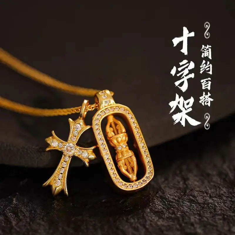 Women's 24K Gold (AU999) Moissanite-Encrusted Vajra Pestle Necklace | 3D bamboo pestle, filigree bamboo with pink moissanite