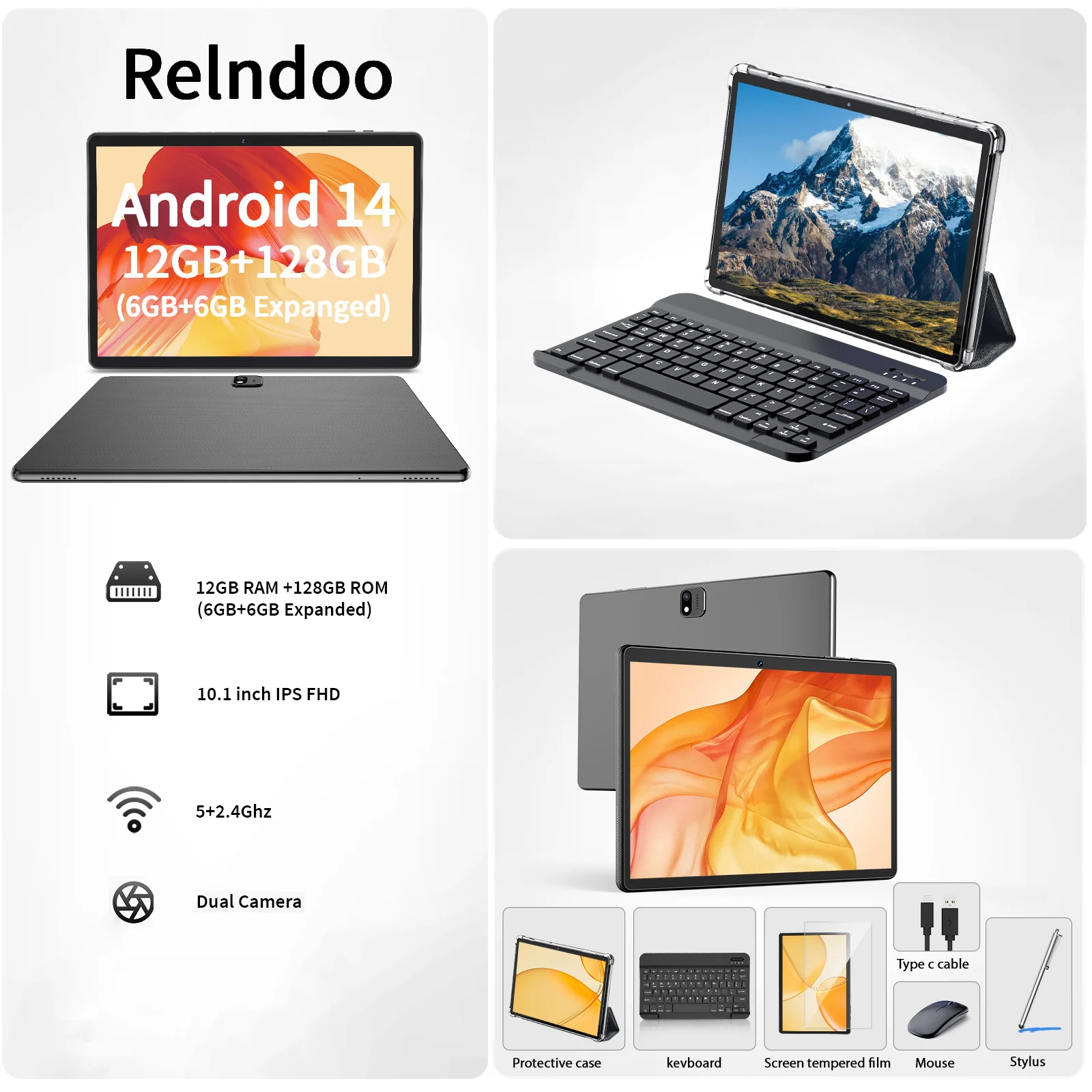 Relndoo Android 14 Tablet 10.1 Inch, 12GB(6+6 Expanded) RAM+128GB ROM, Dual Cameras, BT5.0, WIFI, IPS Display Screen, Type-C