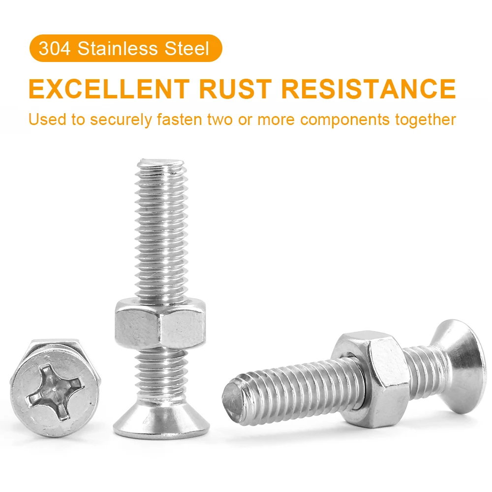 2-50sets Phillips Flat Head Screw with Nuts M1 M2 M3 M4 M5 M6 M8 M10 Stainless Steel Cross Countersunk Bolt and Nut Kits