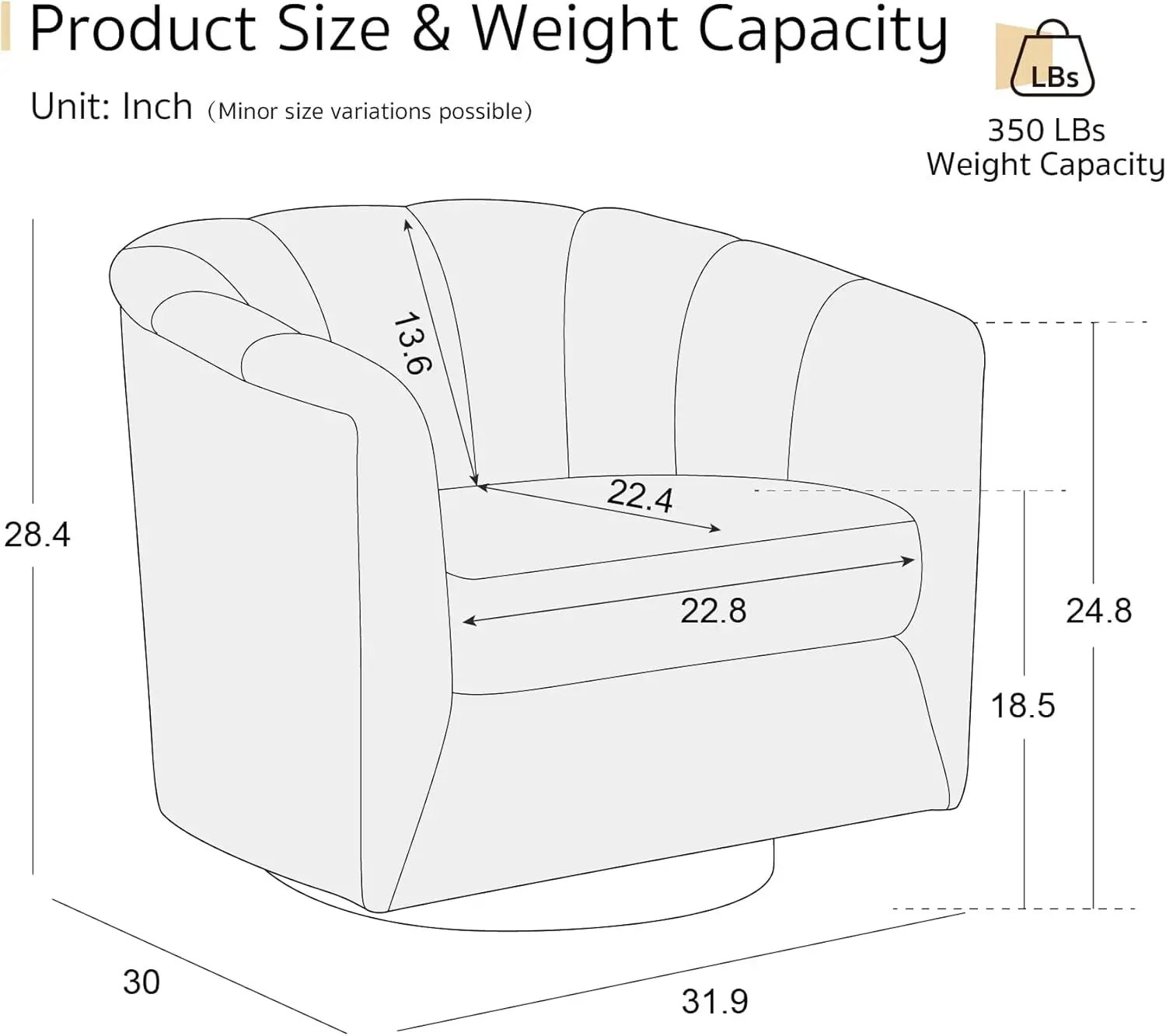 #Swivel Accent Chair Barrel Armchair Solid Ash Wood Base Upholstered Fabric Living Room Bedroom Ivory, Customized