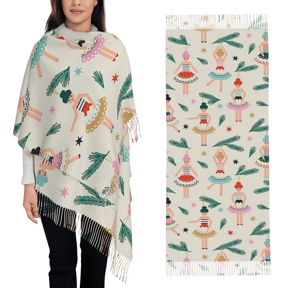Christmas Nutcrackers Stars Ballerina Violin Scarf Tassel Scarves for Women Soft Warm Shawls and Long Fall Winter Shawl Wraps