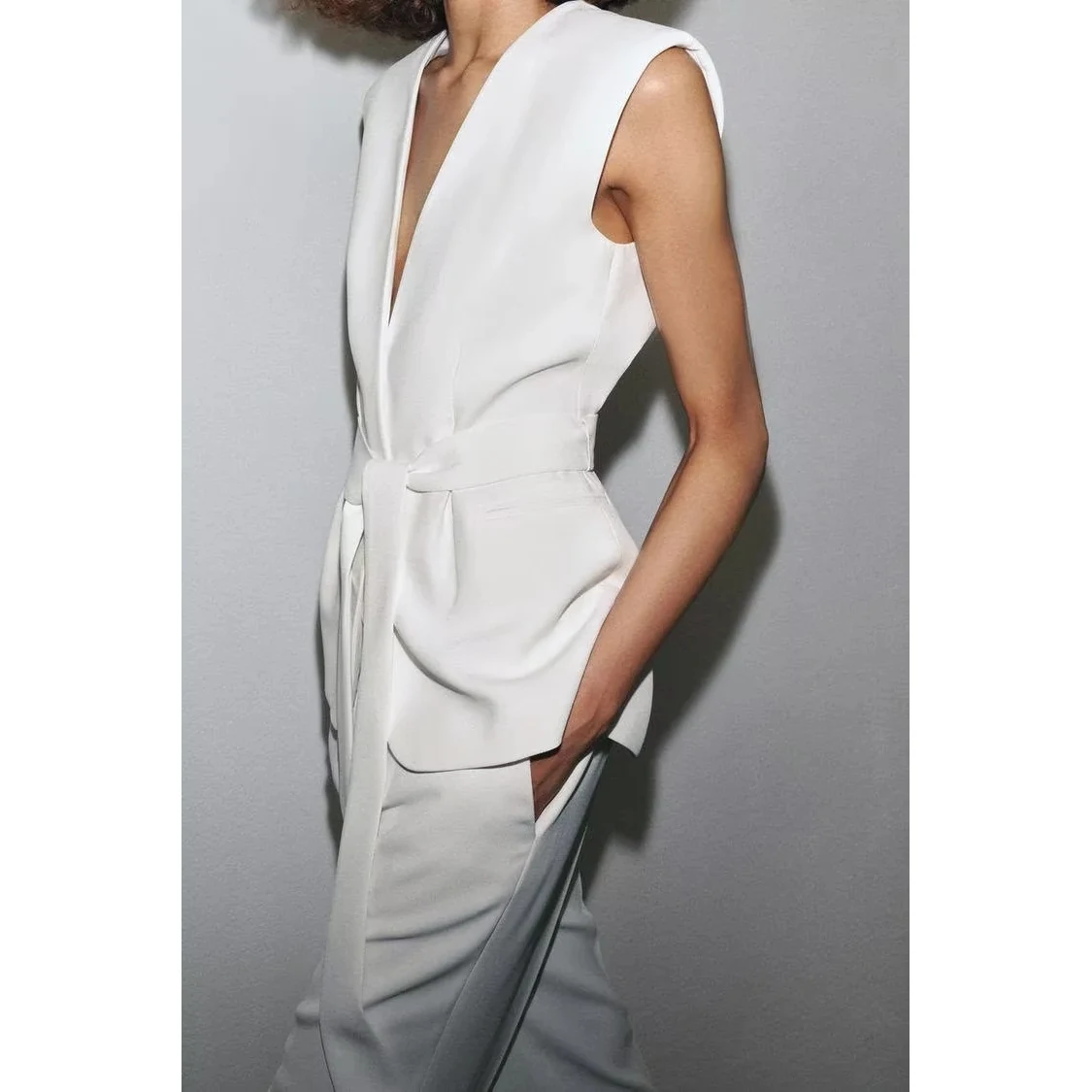 Long Sleeveless Vest Coat with Waist Belt Formal Shirt Collar All Match Women's Cotton Blend Outerwear Summer Season