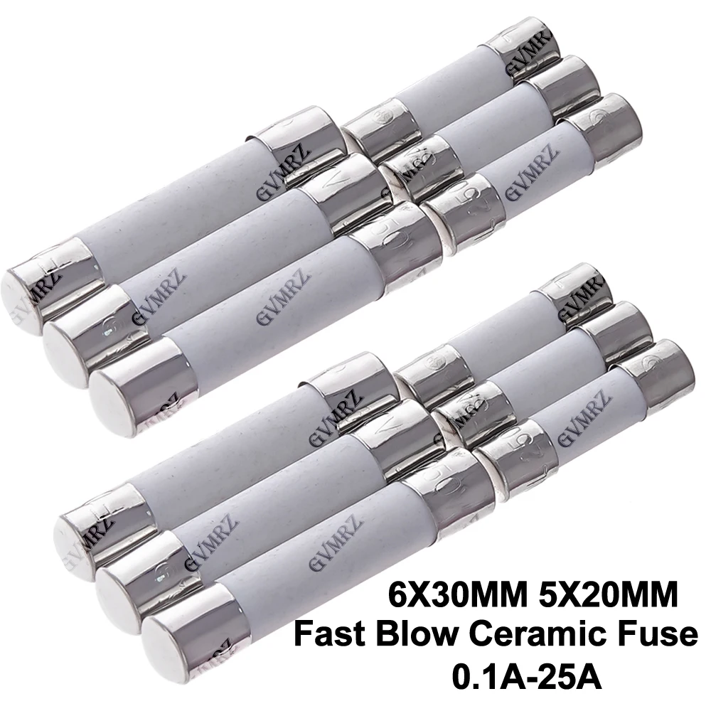 10PCS 0.1A 0.25A 6X30MM 5X20MM Fast Blow Ceramic Fuse 5*20mm 250V 2A 2.5A 3A 3.15A 0.1A-25A Slow Break The Fuse Tube 0.5A 6*30mm