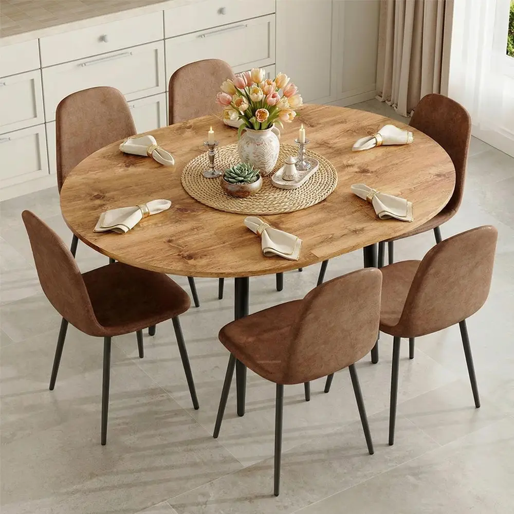 

6-Seat Expandable Round to Oval Dining Set with Suede Chairs for Space-Efficient Wood Tables