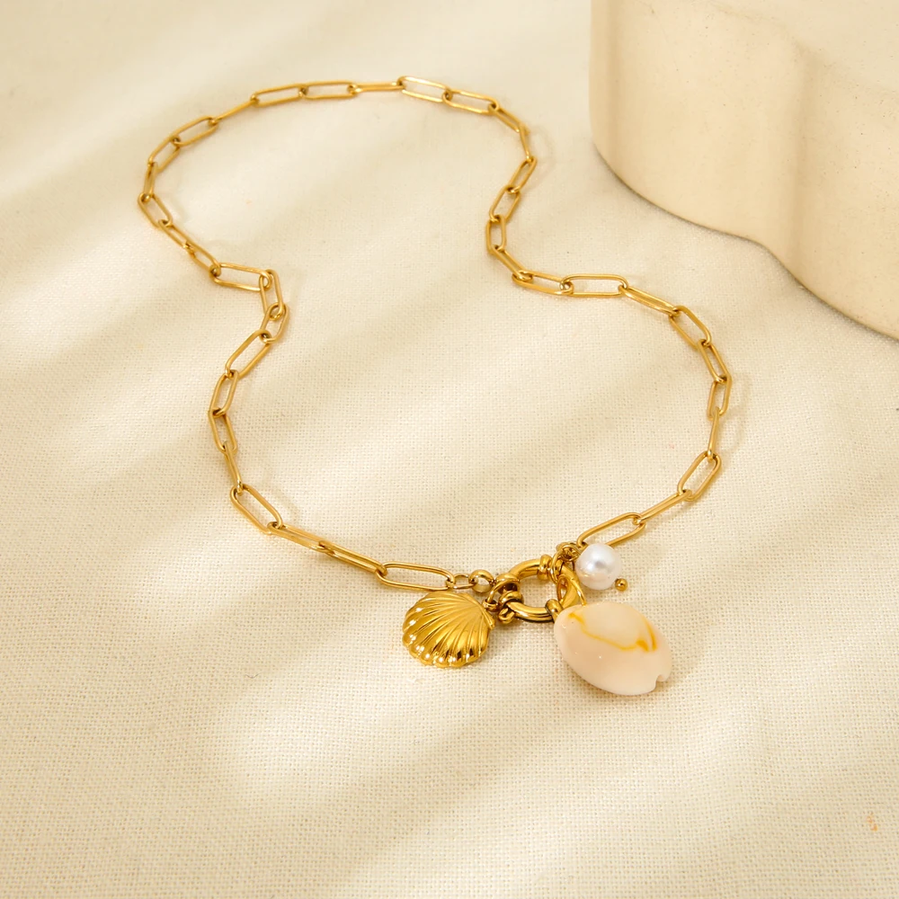 

Stylish Ocean Style Shell Pearl Pendant Necklace Stainless Steel Summer Beach Fashion Jewelry Accessories Gift