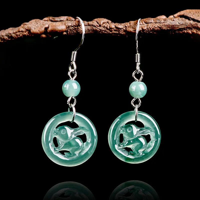 

Natural Jade Blue Hollow Rabbit Earrings For Couples, Beach Gift Fashion Accessories Women Men Beach Gift