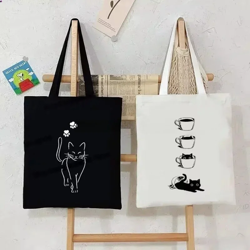 

Black White Cat Print Canvas Tote Bag Large Capacity Cartoon Shoulder Bag for Women Stylish Kitten-Themed Shopping Handbag