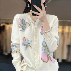 Flower Knitted Cardigan For Women Spring Autumn Jacket New Beautiful Top With Long Sleeves Sweater Outerwear Beige Top Fashion