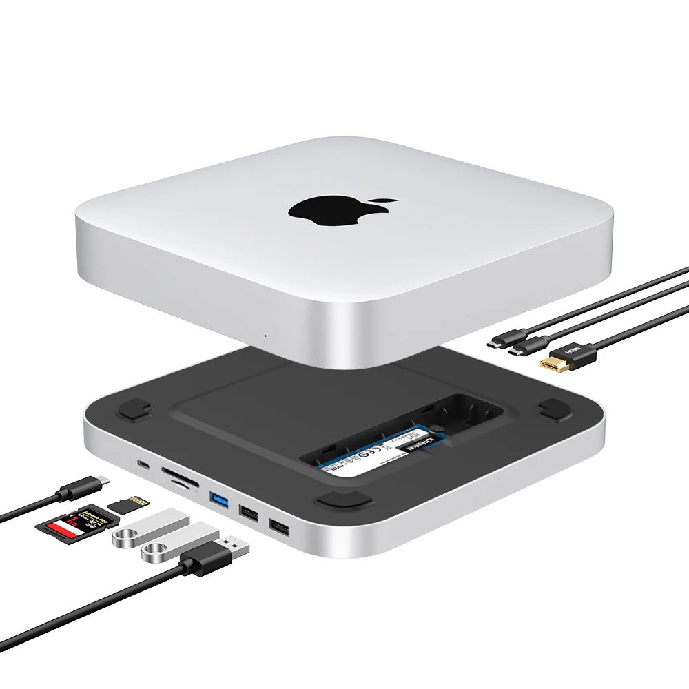 

Qwiizlab USB-C Hub с корпусом SSD для Mac Mini M2/M1, 4K HDMI, Type-C 10 Гбит/с, Кардридеры 104 Мб/с, подходит для M.2 SATA NVMe SSD