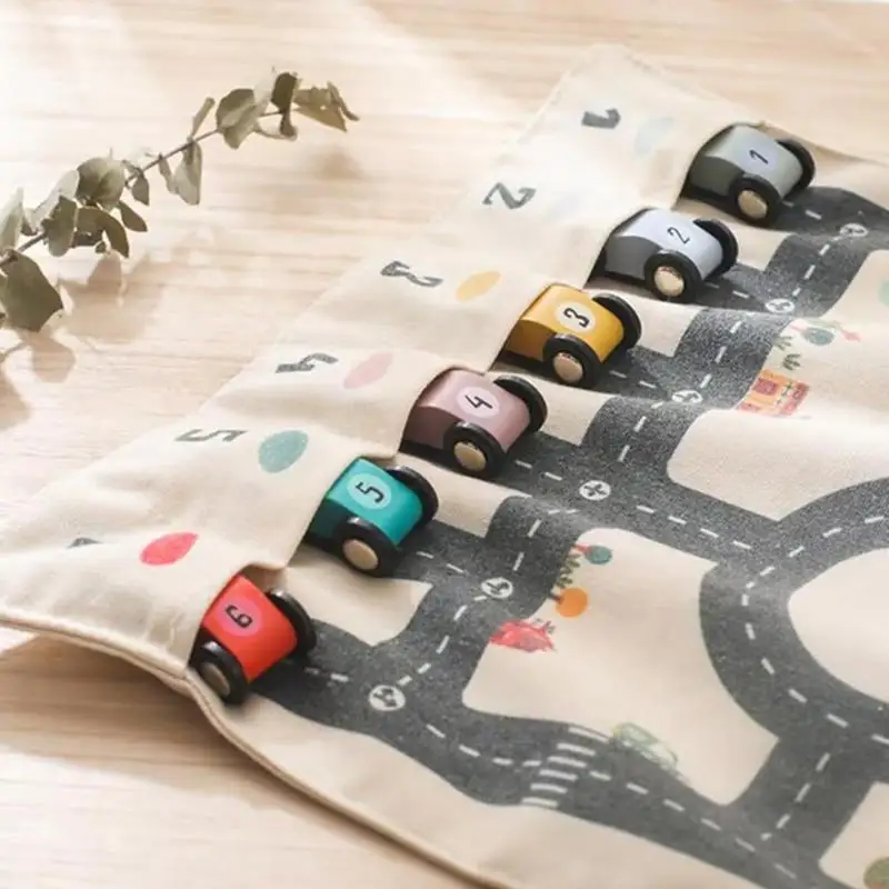 Canvas autospeelgoedset Kleine houten auto Doolhof speelgoed met canvas speelkleed Educatieve voertuigset Fijne motoriek Spel Logisch