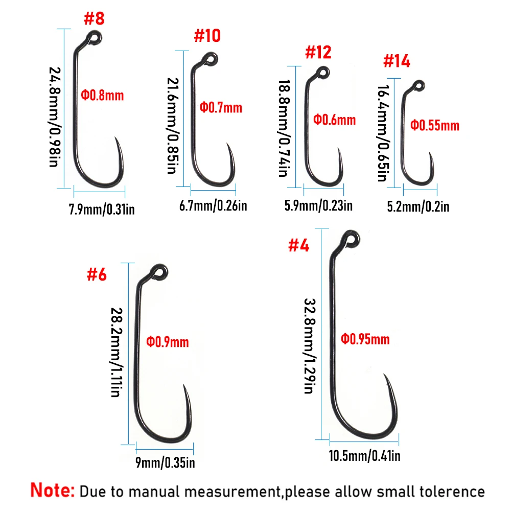 Wifreo 50pcs #1- #14 Carbon Steel Non-barbed 60 Degree Fly Tying Jig Hook Wide Gap/Long Shank Nymph Streamer Fly Fishing  Hooks