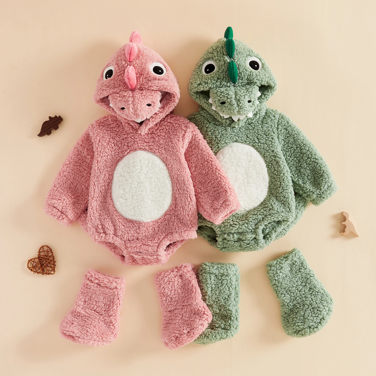 Cute Baby Boy Girl Dinosaur Costume Winter Baby Hood Warm Fleece Animal Romper Leg Warmer Halloween Cosplay Clothes