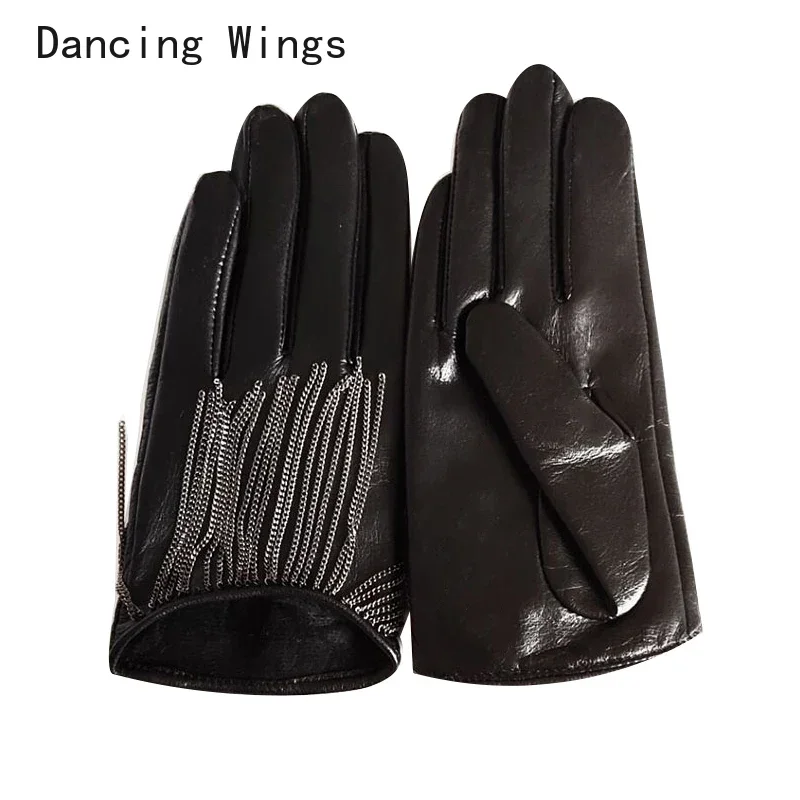 

Women's fashion tassel genuine leather glove black touch screen sheepskin gloves velvet lined thick warm