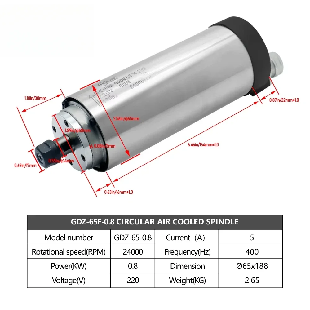 

0.8kw Spindle 65MM ER11 400HZ 24000RPM 110/220V Air Cooling 800w Spindle Motor for CNC Woodworking Aluminum