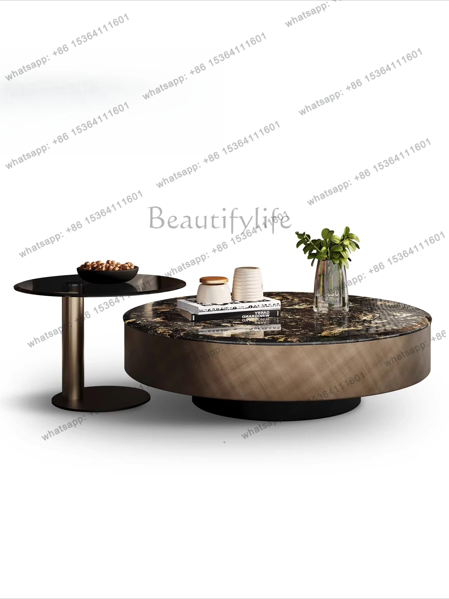 2026 natural luxury stone high-end round high and low coffee table side combination