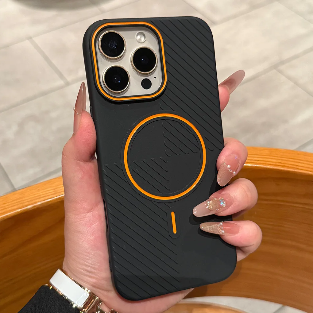 Diagonal stripe contrasting color fine ring magnetic phone case For iPhone 16Pro Max 15Pro Max 14Pro Max 13 12 Pro Max soft case