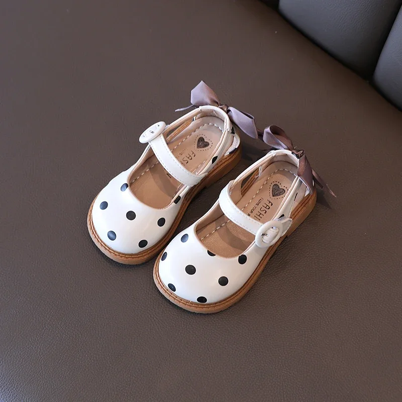 Girl Shoes Toddler Mary Janes Elegant Back Bowtie Beige Khaki Four Season Children Leather Shoes21-30 Polka Dot Light Kids Shoes