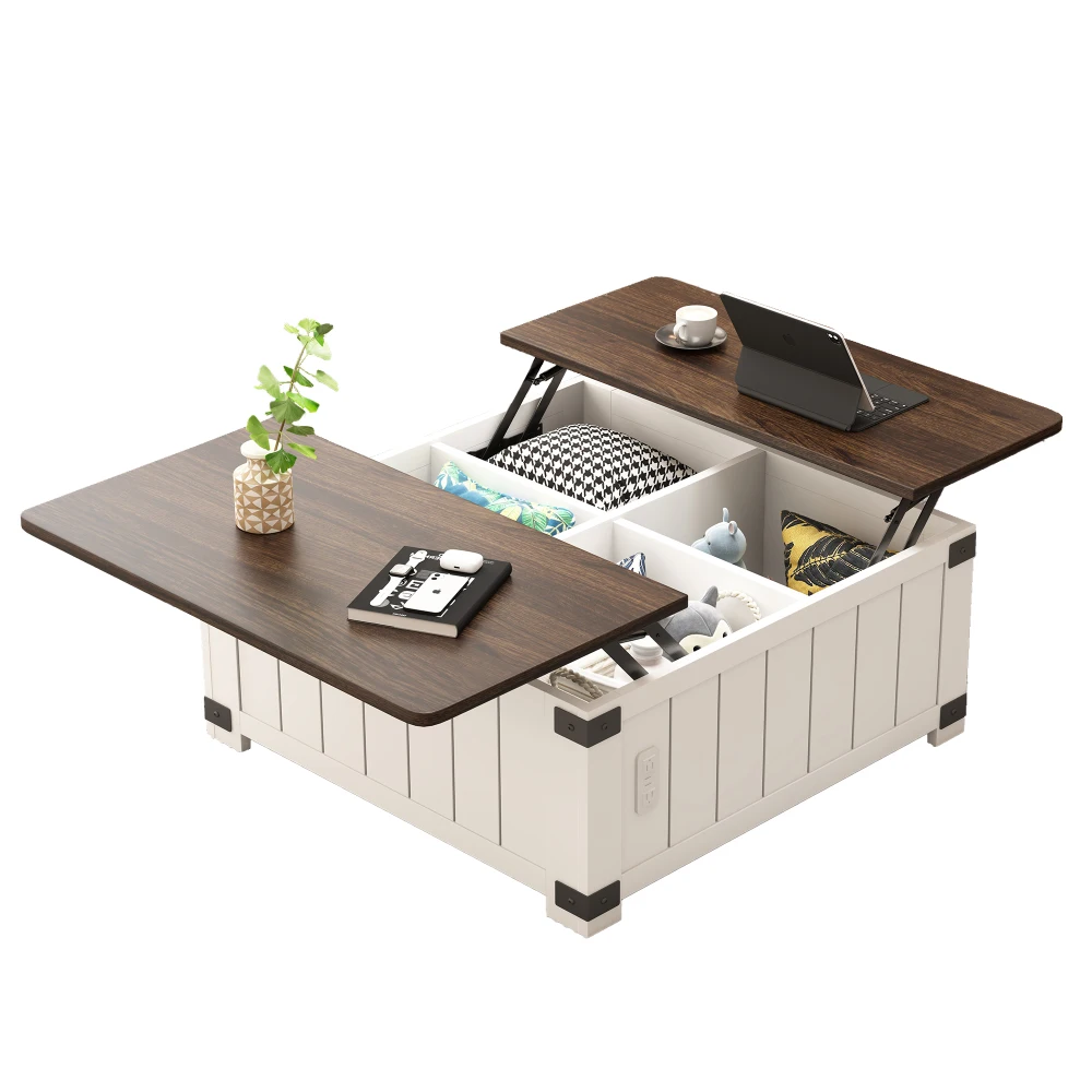 Lift-up Coffee Table with Storage Space, with Charging Station and USB Port, 4 Large Hidden Spaces, Suitable for Living Room