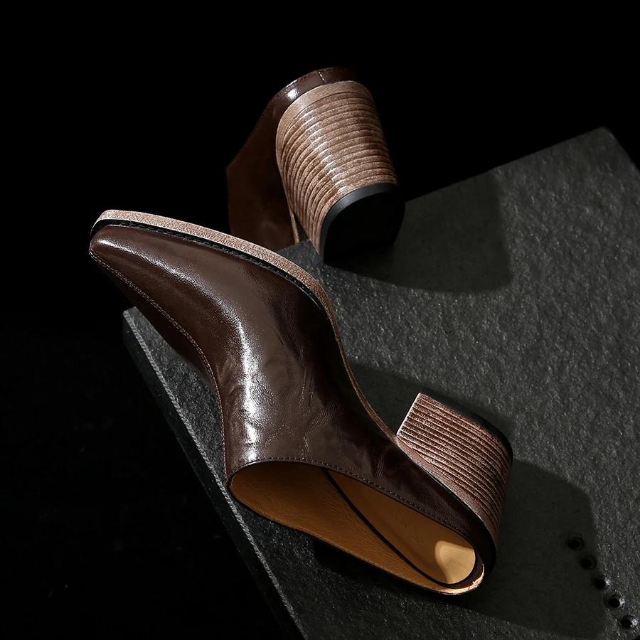 EAGSITY Cow Leather Mules Shoes Women Chunky Heel Sandals High Heel Slipper Ankle Strap Chunky Heel Casual Pumps