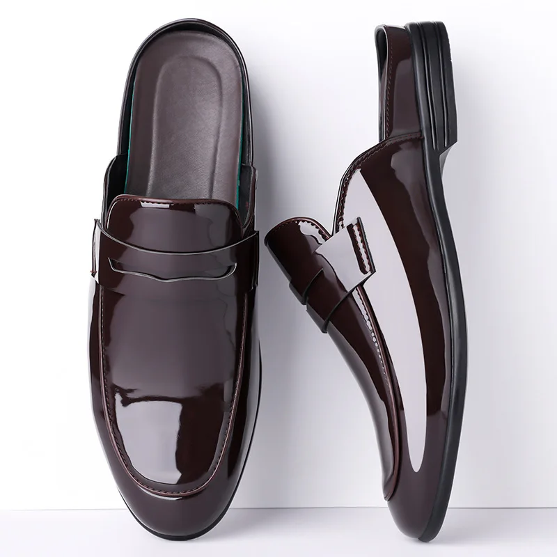 

Men's Patent Leather Mules Slippers Casual Slip-On Loafers Lightweight Slide Shoes for Business Gentlemen Fashion Flat Slippers