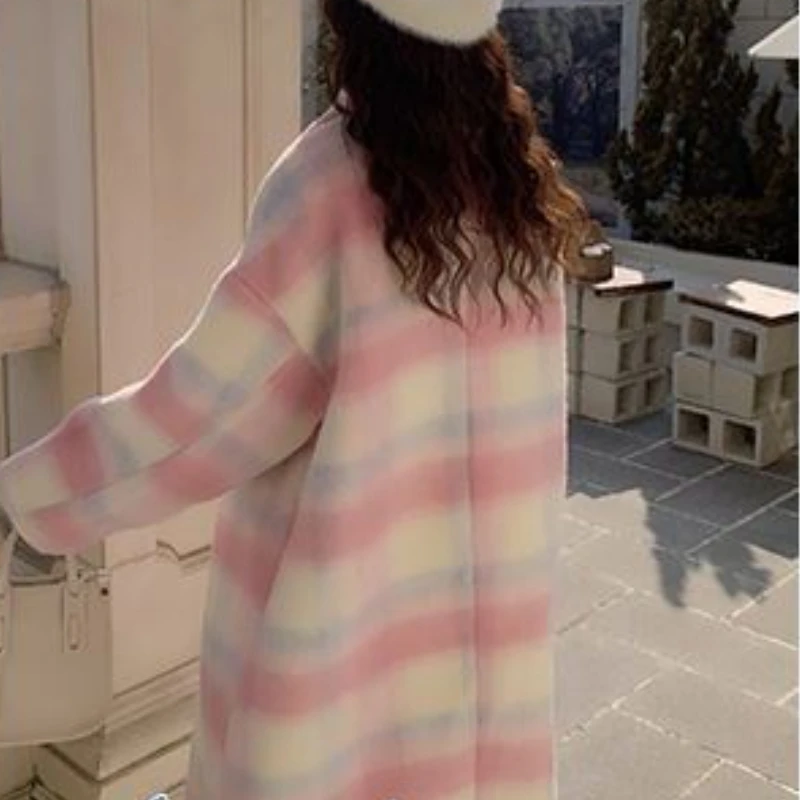 Plaid Blends Women Winter Sweet Overcoat Gentle Korean Style Loose Temper Girlish Streetwear Cozy Aesthetic Warm Clothing Mujer