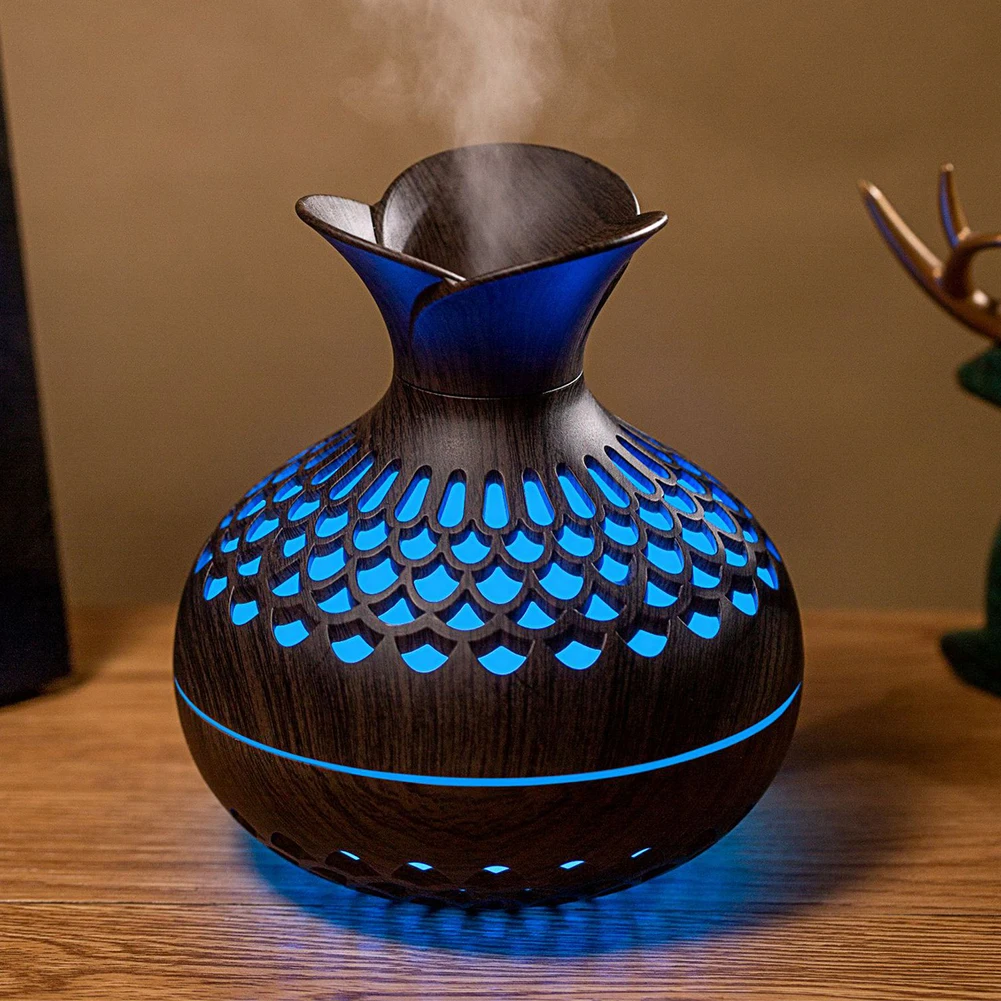 300ML Wood Grain Flower Humidifier Silent Aromatherapy Diffuser USB Rechargeable Mini Air Humidifier with Colorful Night Light