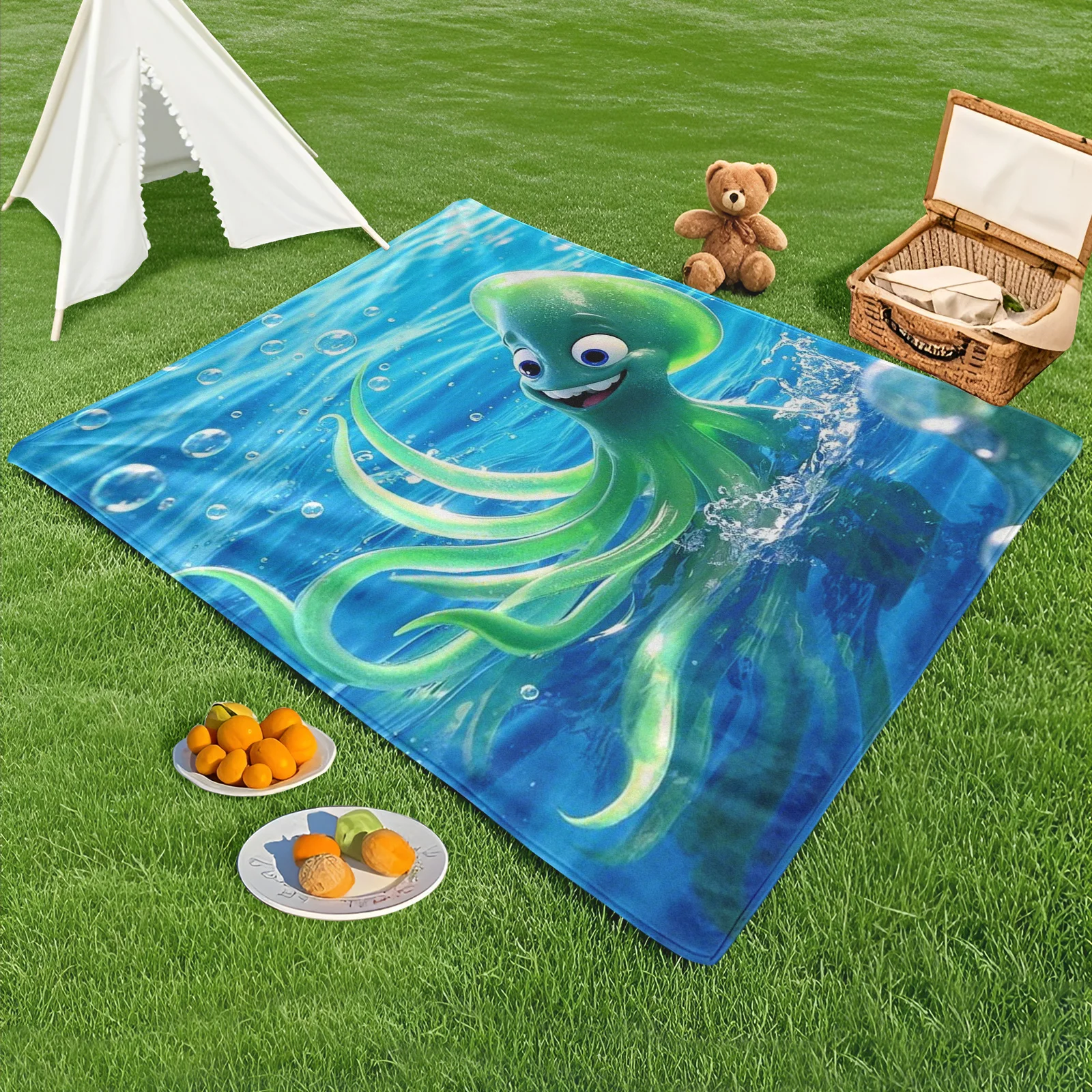 Playful Squid Blanket With Green Design For Ocean Themed Outdoor Adventures And Fun Camping By The Seaside Waves