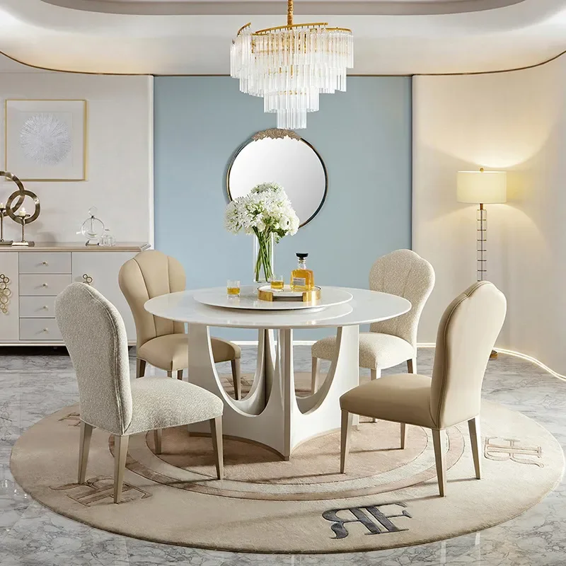 for French Light Luxury Rock Slab Round Dining Table Modern Simple Household Small Apartment with Turntable Minimalist Eating