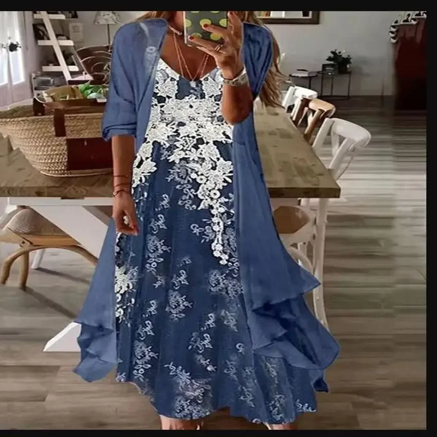 

Europe and The United States New Summer Fashion Print Dress Two-piece Set, Multi-color Loose Long-sleeved Smock + Halter Dress