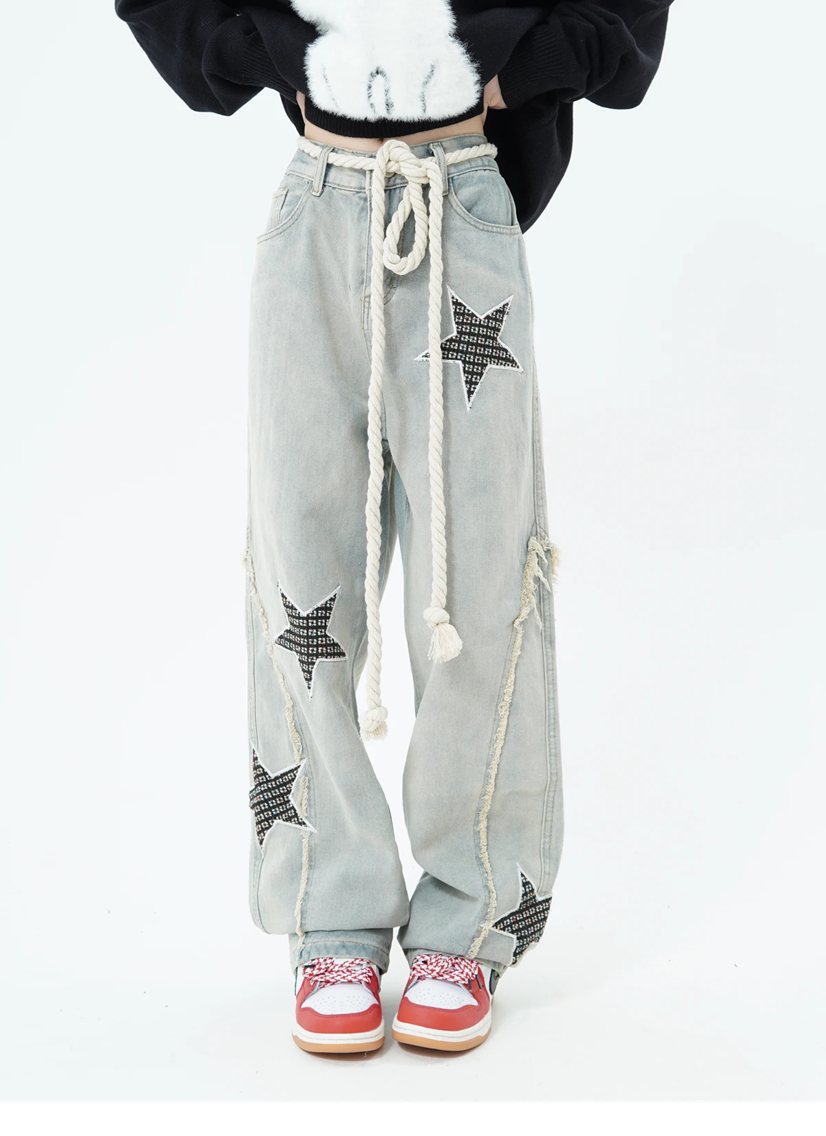 High Quality China-Chic Original Star Embroidery Washed and Worn Jeans Men's Women's Fashionable Straight Trousers Raw Edges Y2k