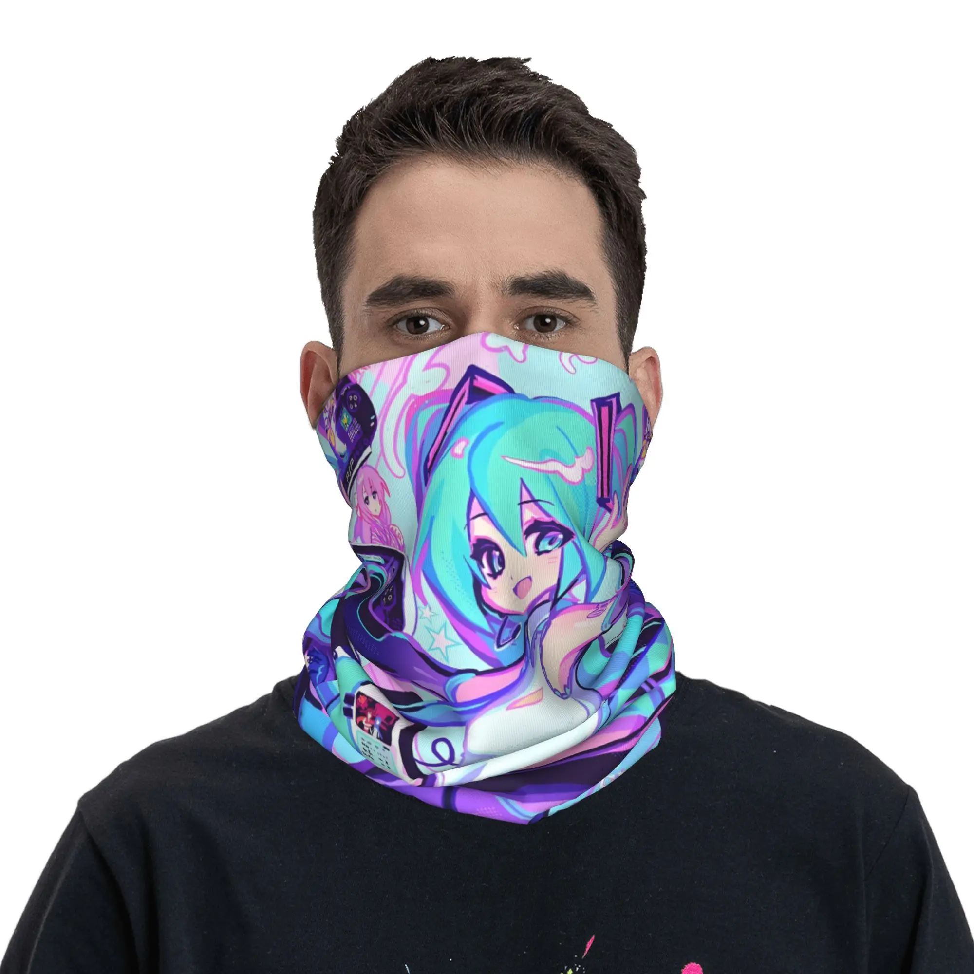 

Custom Hatsuned Mikues Cartoon Bandana Neck Gaiter for Hiking Camping Men Women Wrap Scarf Voice Anime Balaclava Warmer