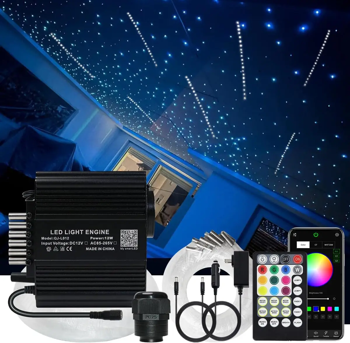 

12W Bluetooth APP Control Twinkle&Meteor 2-in-1 Fiber Optic Light Starlight Headliner RGBW Sound Activate 12-hole Meteor DIY kit