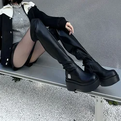 Women High Heels Over The Knee Boots Autumn Winter New Platform PU Leather Thigh High Boots Woman Buckle Decor Black Long Botas