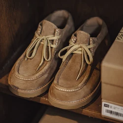 Maden Vintage Khaki Split Suede Low-top Boots Casual Loafers Soft Sole Dress Shoes Lace-up Classic Shoes for Men's Spring Autumn