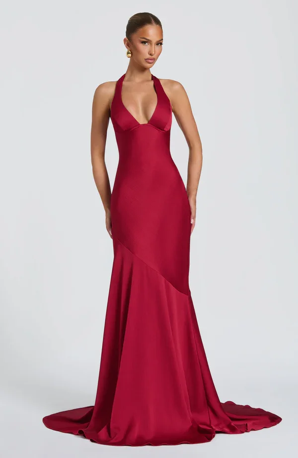 

Customized Sexy Mermaid Satin Wedding Dress V-Neck Elegant Pleat Simple Plain Long Train Banquet Slim Prom Cocktail Long Dress